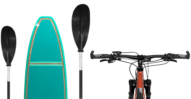 A surfboard, bicycle and bike are shown in this image.